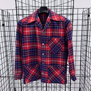 Men's Handmade Red Blue Yellow White Plaid Shirt Three Pockets Button Cuffs